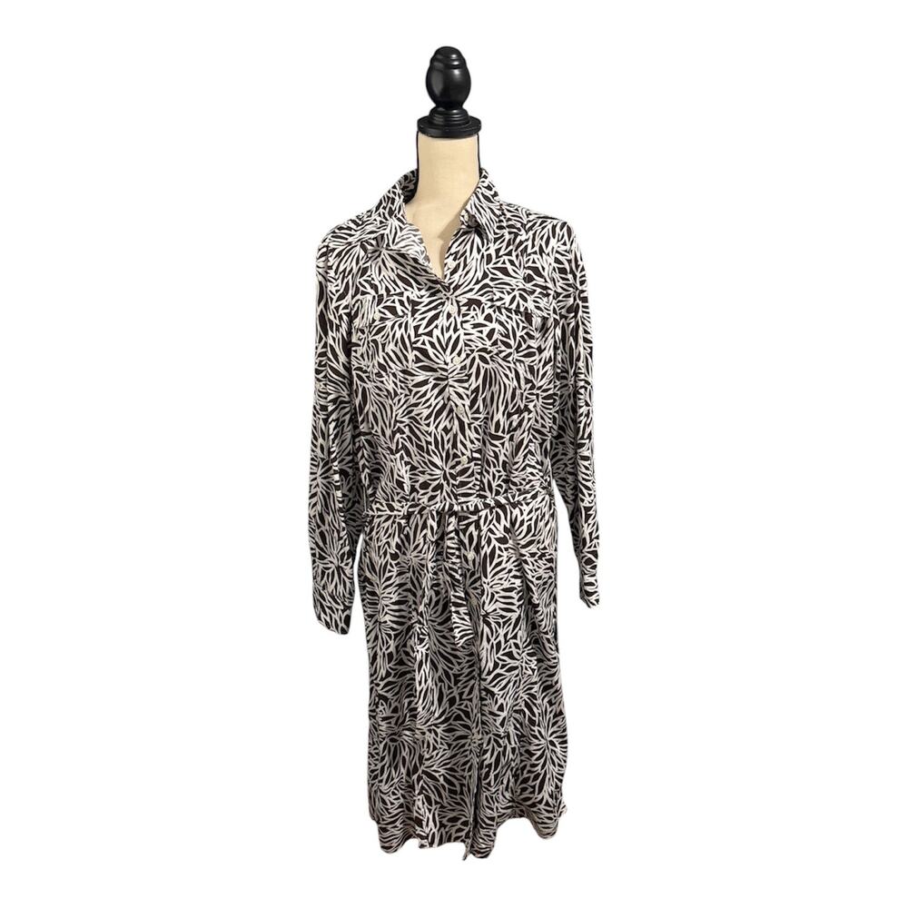 Lands' End Womens Brown White Floral 100% Cotton Belted Shirt Dress Sz 14 Casual